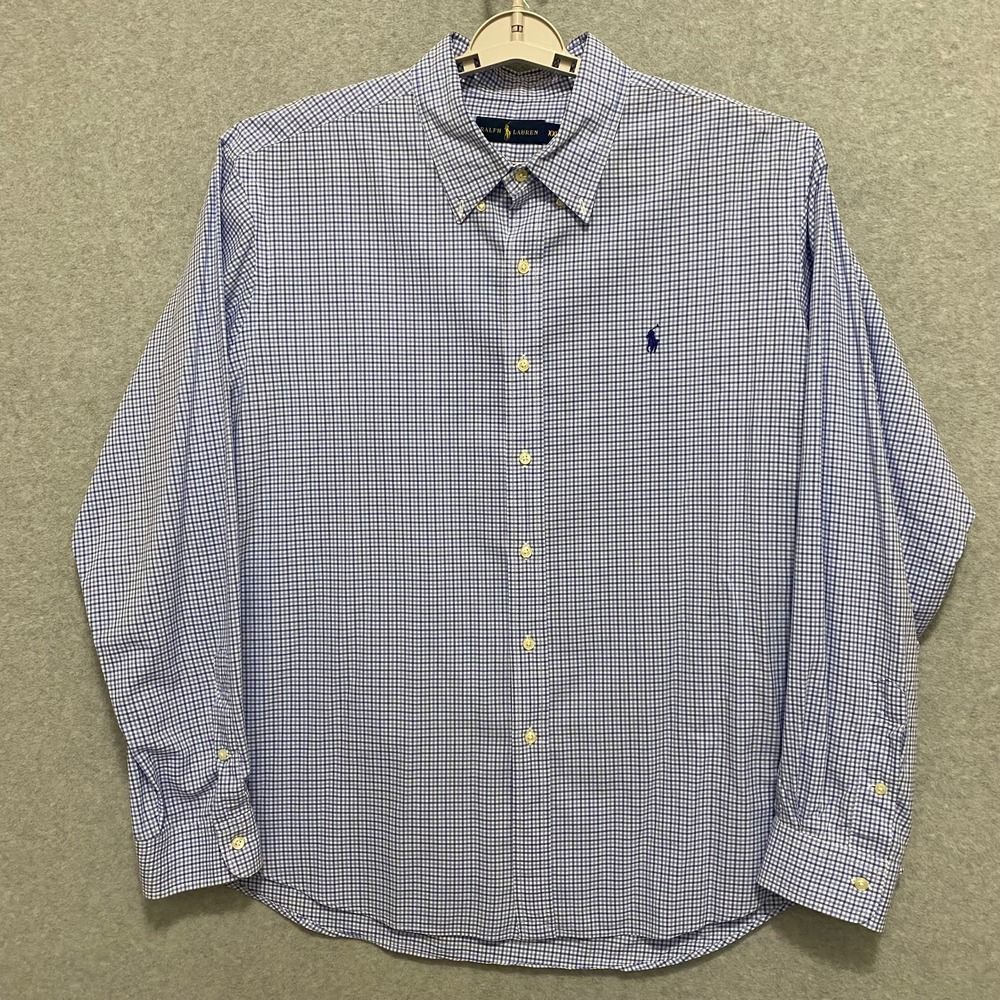 RALPH LAUREN Men's XXL Button Down Shirt Blue Check Cotton Embroidered Pony Logo - Picture 1 of 7